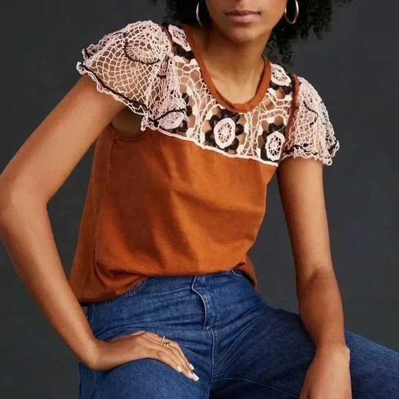 [XS]Anthropologie Flutter-Sleeve Top with Crochet  Lace Detailing - Picture 4 of 9